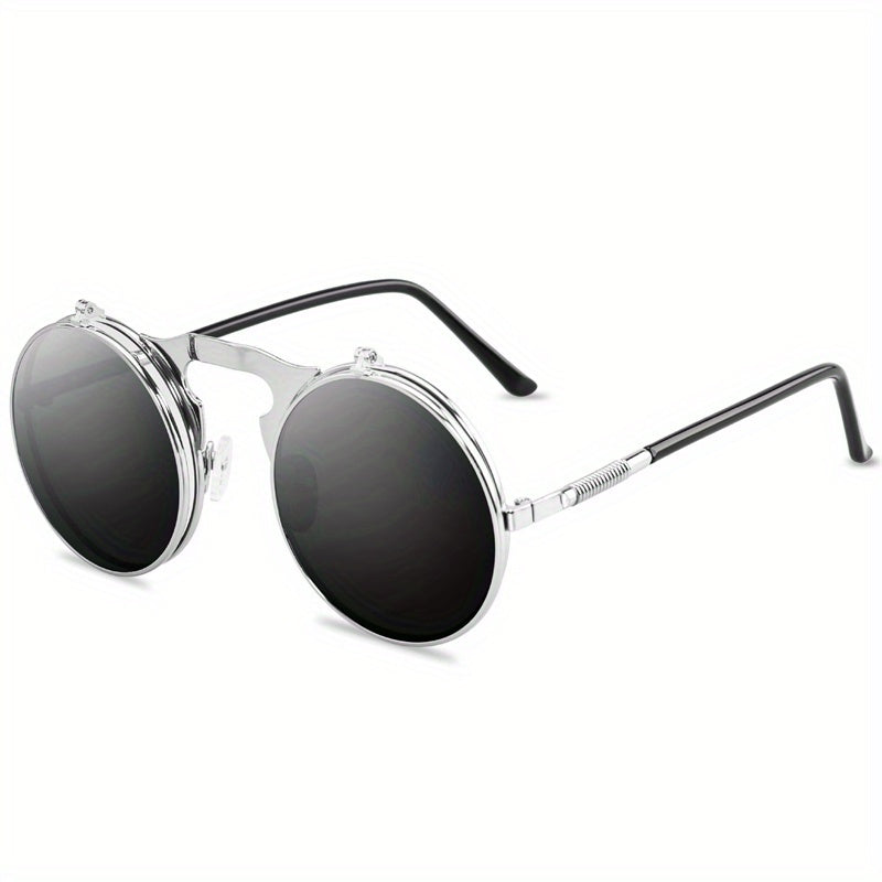 Sunglasses : Vintage Steampunk Opklapbare Zonnebril, Retro Ronde Metalen Frame Zonnebril Dames - Zwart Grijs in Zilver Grijs van Pantino