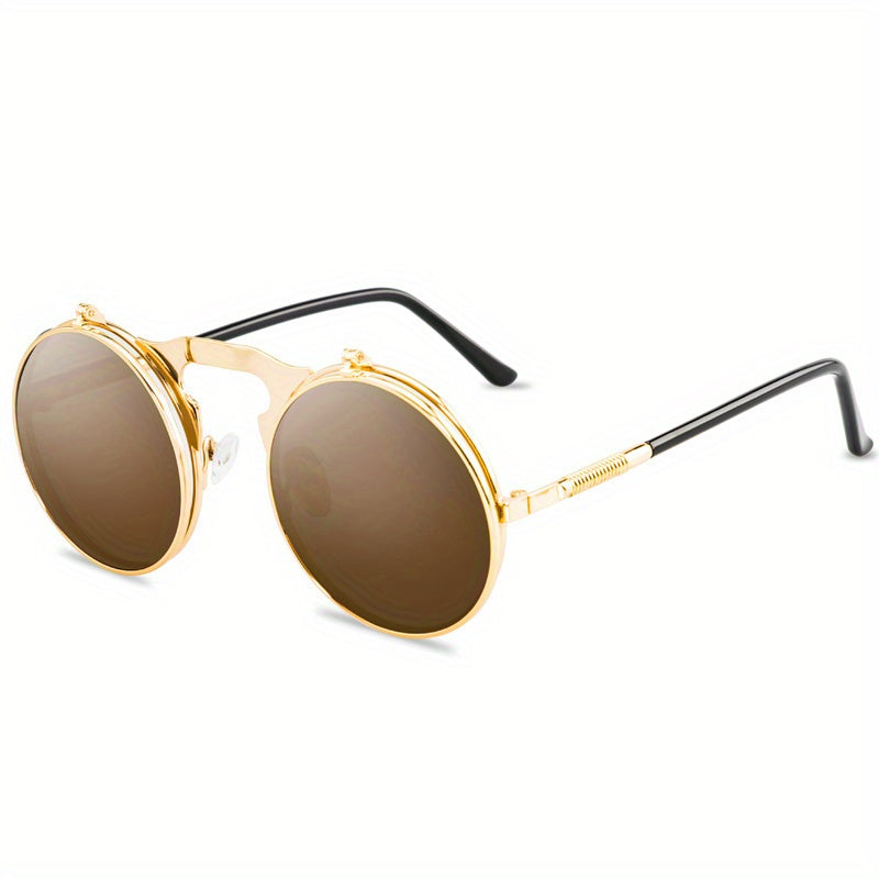 Sunglasses : Vintage Steampunk Opklapbare Zonnebril, Retro Ronde Metalen Frame Zonnebril Dames - Zwart Grijs in Goudkleurig En Geelbruin van Pantino