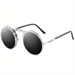 Sunglasses : Vintage Steampunk Opklapbare Zonnebril, Retro Ronde Metalen Frame Zonnebril Dames - Zwart Grijs in van Pantino