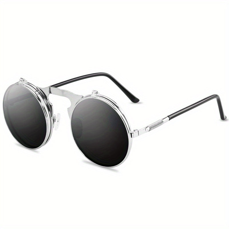 Sunglasses : Vintage Steampunk Opklapbare Zonnebril, Retro Ronde Metalen Frame Zonnebril Dames - Zwart Grijs in van Pantino
