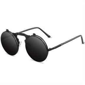 Sunglasses : Vintage Steampunk Opklapbare Zonnebril, Retro Ronde Metalen Frame Zonnebril Dames - Zwart Grijs in van Pantino