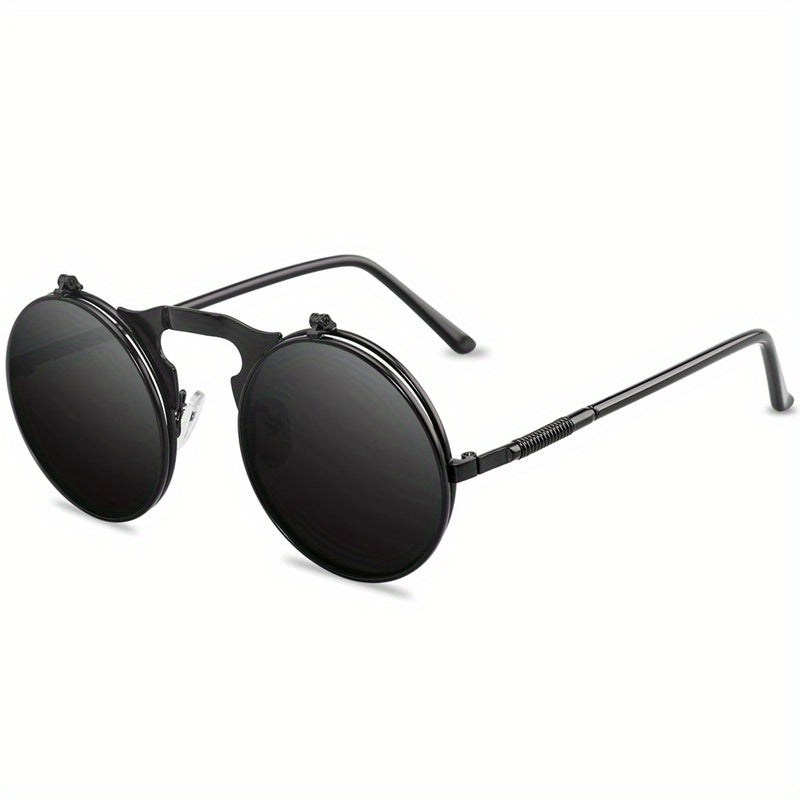 Sunglasses : Vintage Steampunk Opklapbare Zonnebril, Retro Ronde Metalen Frame Zonnebril Dames - Zwart Grijs in van Pantino