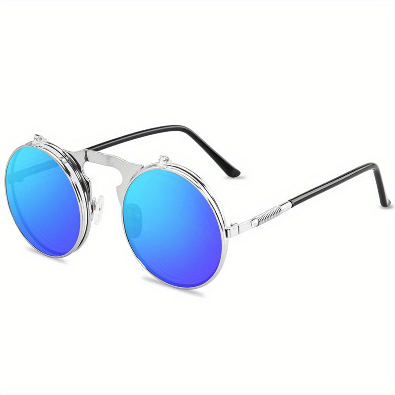 Sunglasses : Vintage Steampunk Opklapbare Zonnebril, Retro Ronde Metalen Frame Zonnebril Dames - Zwart Grijs in van Pantino