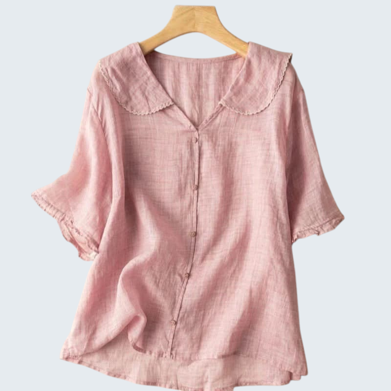 : Linnen Blouse Dames - Luchtig, Relaxte Pasvorm met Geschulpte Kraag in Roze van Pantinoshop