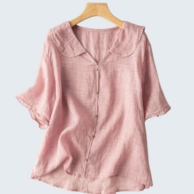 women's blouse : Linnen Blouse Dames - Luchtig, Relaxte Pasvorm met Geschulpte Kraag in Roze van Pantinoshop