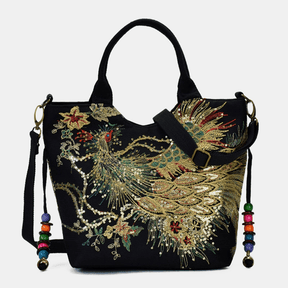 bags : Handtas Dames - Exquise Pauw Borduurwerk Canvas Multi-Draag Handtassen Ensemble in 3 van Pantino