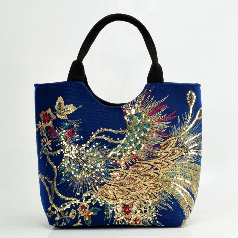 bags : Handtas Dames - Exquise Pauw Borduurwerk Canvas Multi-Draag Handtassen Ensemble in 5 van Pantino