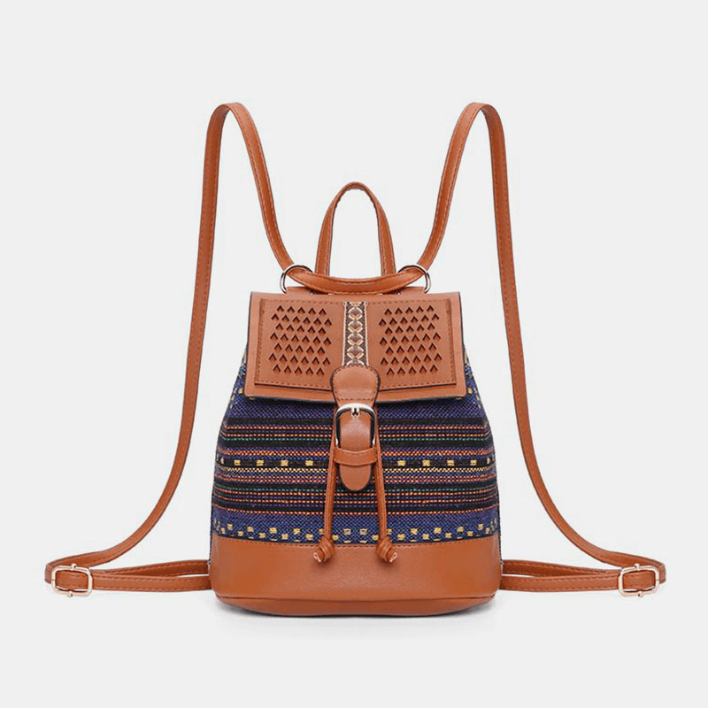 bags : Schoudertas Dames - Etno Stijl Geperforeerde Gestikte Stro Rugzak en met Geometrisch Patroon in 6 van Pantino