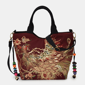 bags : Handtas Dames - Exquise Pauw Borduurwerk Canvas Multi-Draag Handtassen Ensemble in 1 van Pantino