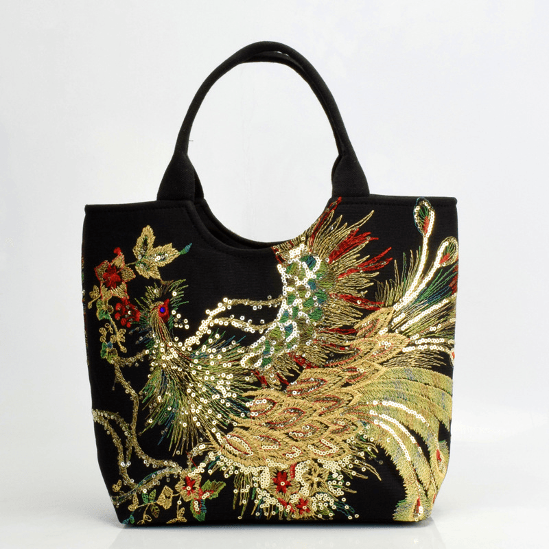bags : Handtas Dames - Exquise Pauw Borduurwerk Canvas Multi-Draag Handtassen Ensemble in 6 van Pantino
