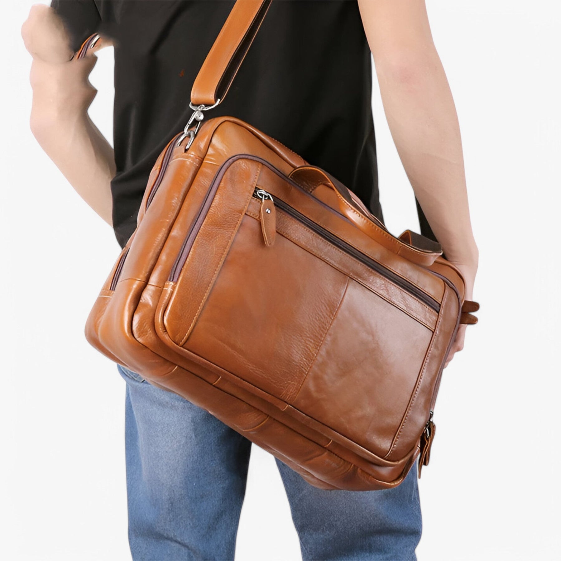 bags : Leren Laptoptas met Schouderband Leder - Bruin in van Pantino