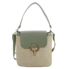 bags : Strandtas Dames Bruin - Stro Geweven Metalen Klem PU-Riem - Stro in Groen van Pantino