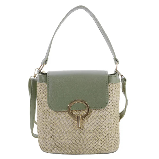 bags : Strandtas Dames Bruin - Stro Geweven Metalen Klem PU-Riem - Stro in Groen van Pantino