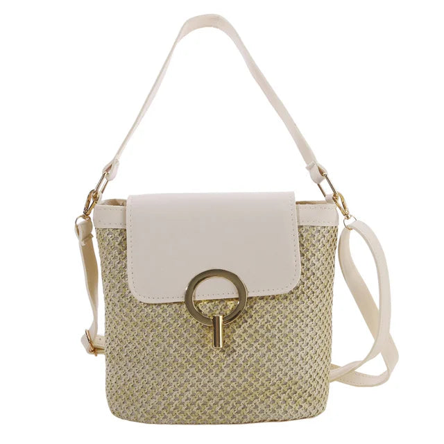 bags : Strandtas Dames Bruin - Stro Geweven Metalen Klem PU-Riem - Stro in Wit van Pantino