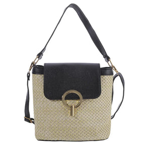 bags : Strandtas Dames Bruin - Stro Geweven Metalen Klem PU-Riem - Stro in Zwart van Pantino
