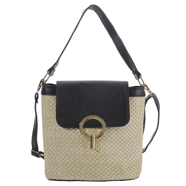 bags : Strandtas Dames Bruin - Stro Geweven Metalen Klem PU-Riem - Stro in Zwart van Pantino