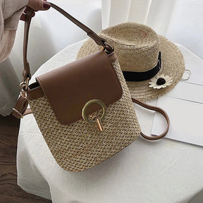 bags : Strandtas Dames Bruin - Stro Geweven Metalen Klem PU-Riem - Stro in van Pantino