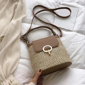 bags : Strandtas Dames Bruin - Stro Geweven Metalen Klem PU-Riem - Stro in van Pantino
