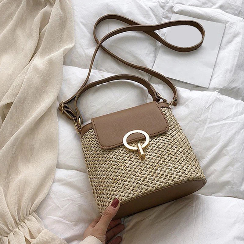 bags : Strandtas Dames Bruin - Stro Geweven Metalen Klem PU-Riem - Stro in van Pantino