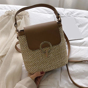 bags : Strandtas Dames Bruin - Stro Geweven Metalen Klem PU-Riem - Stro in van Pantino