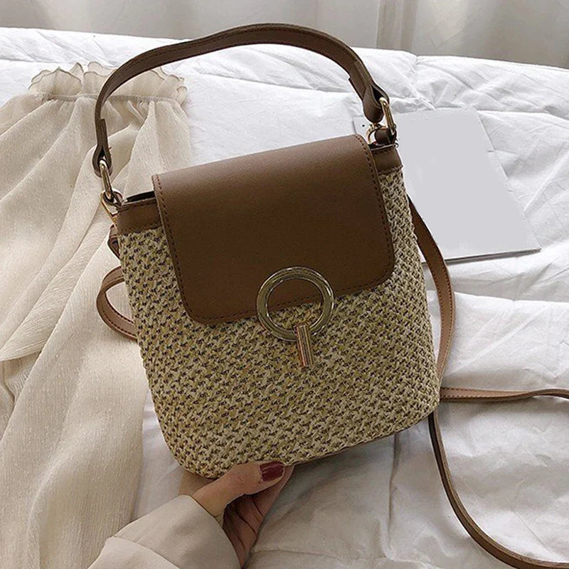 bags : Strandtas Dames Bruin - Stro Geweven Metalen Klem PU-Riem - Stro in van Pantino