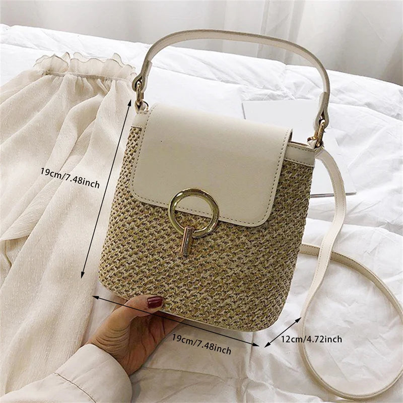 bags : Strandtas Dames Bruin - Stro Geweven Metalen Klem PU-Riem - Stro in van Pantino