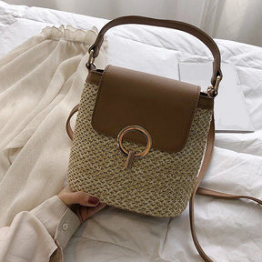bags : Strandtas Dames Bruin - Stro Geweven Metalen Klem PU-Riem - Stro in van Pantino