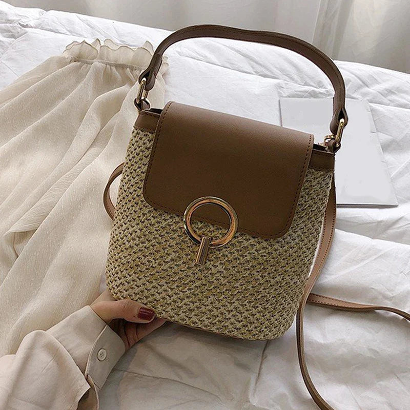 bags : Strandtas Dames Bruin - Stro Geweven Metalen Klem PU-Riem - Stro in van Pantino