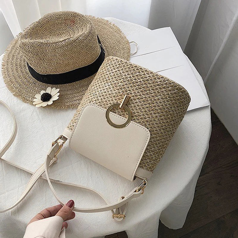 bags : Strandtas Dames Bruin - Stro Geweven Metalen Klem PU-Riem - Stro in van Pantino
