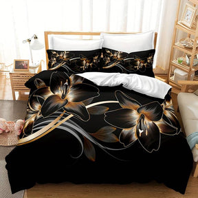 home & garden : Luxe Layers - Zwart & Gouden Bloem Gedrukte Dekbedovertrek Beddengoed Set in van Pantino