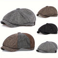 Berretto da uomo nero - Cappello retrò con otto pannelli in tessuto a spina di pesce, casual a righe