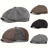 Béret homme noir - Casquette rétro à huit panneaux en tweed chevrons, rayée décontractée