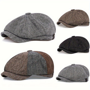 Flat Cap : Baret Heren Zwart - Retro Pet met Acht Stofpanden in Visgraattweed, Casual Gestreepte in van Pantino
