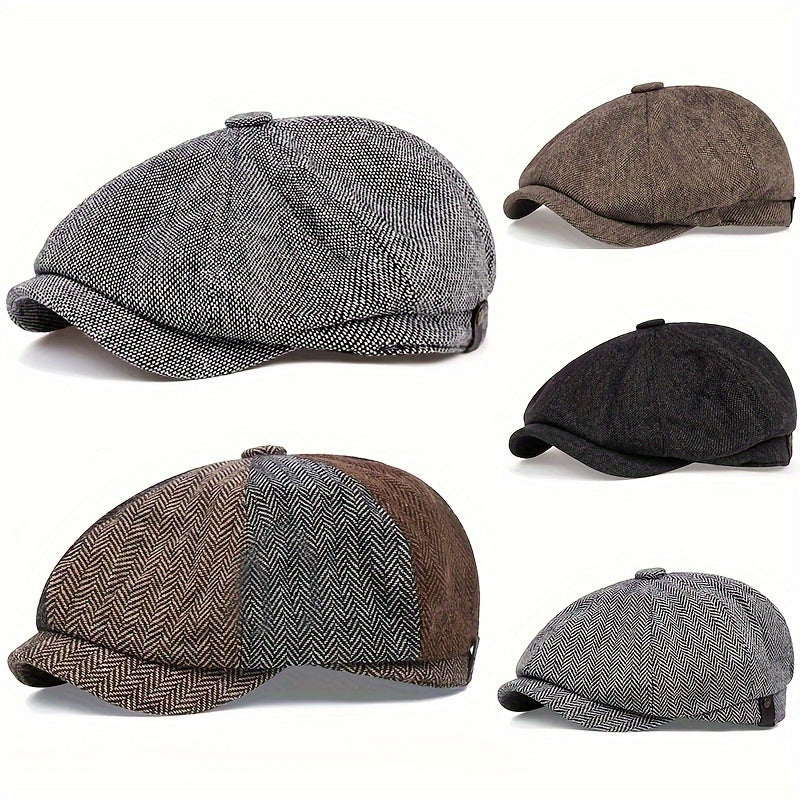 Flat Cap : Baret Heren Zwart - Retro Pet met Acht Stofpanden in Visgraattweed, Casual Gestreepte in van Pantino