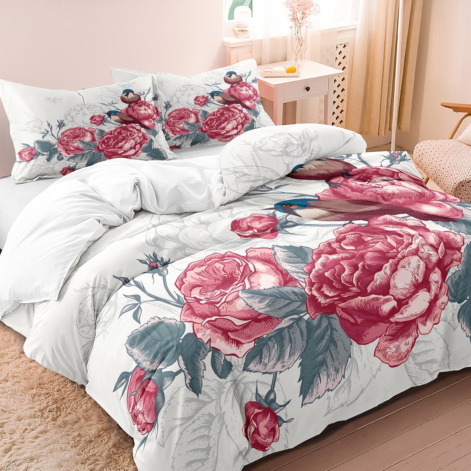 home & garden : Luxe Layers - Bloemen Vogel Zachte Doona Dekbedovertrek Beddengoed Set in van Pantino