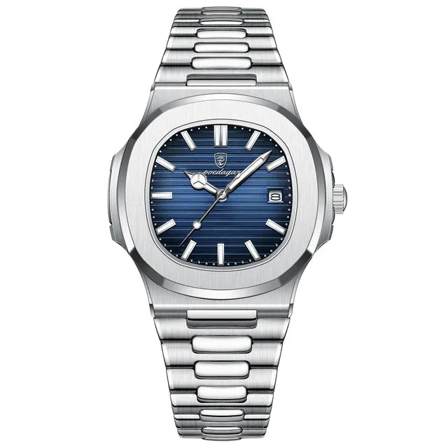 watches : Herenhorloge Zilver 40mm - Klassiek RVS met Datum, Mineraalglas & Waterdicht in Zilver Blauw van Pantino