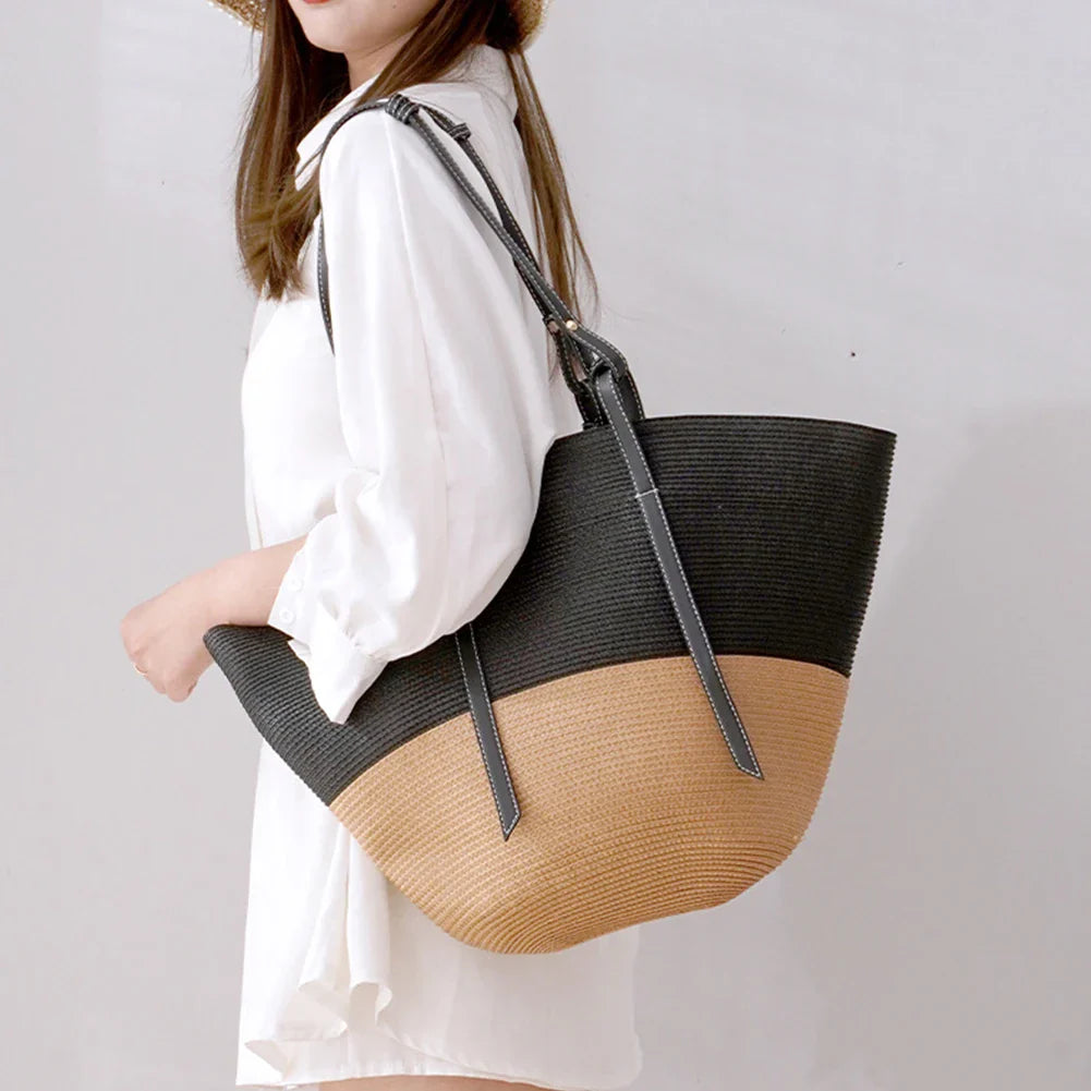 bags : Strandschoudertas Dames - Chique Stro Zomers Design - Stro in Zwart van Pantino