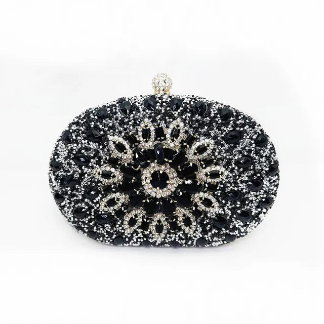 bags : Clutch Dames Zwart - Kristallen Bloemen Verfraaid Avond - Stof in Zwart van Pantino