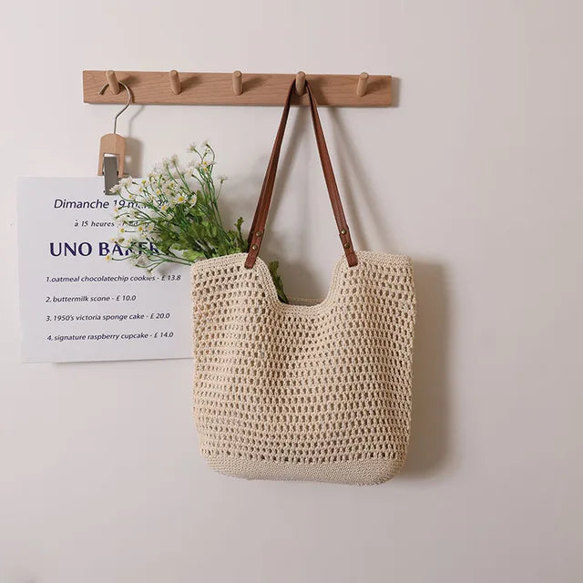 bags : Schoudertas Dames Beige - Vintage Bohemian Stroh met Uitholling Ontwerp in Beige 40-32-2cm van Pantino