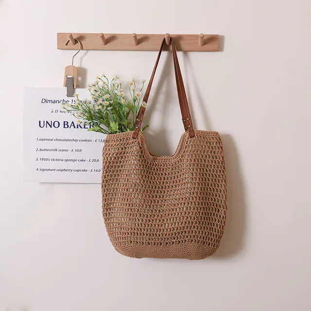 bags : Schoudertas Dames Beige - Vintage Bohemian Stroh met Uitholling Ontwerp in Khaki 40-32-2cm van Pantino