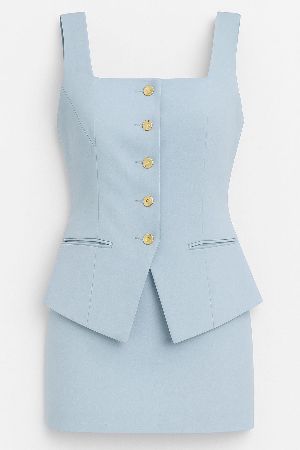 Outfit Sets : Korte pakjurk met Gouden Knopen - Rechte elegantie mouwloos in Lichtblauw van Pantinoshop