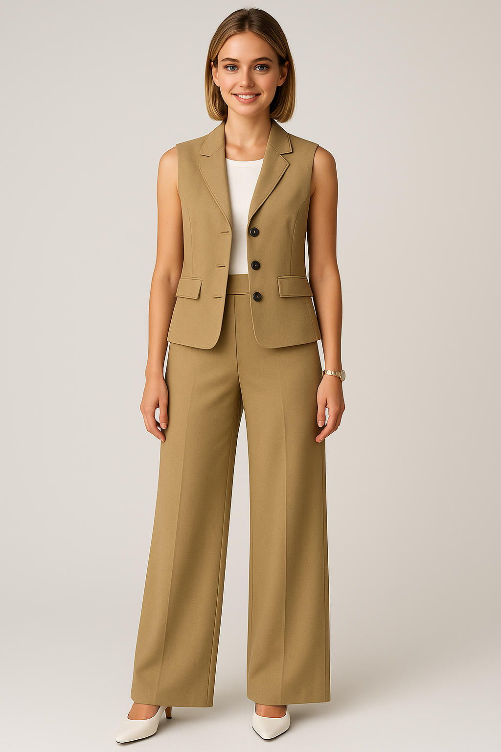Dames set met mouwloos gilet en broek met wijde pijpen