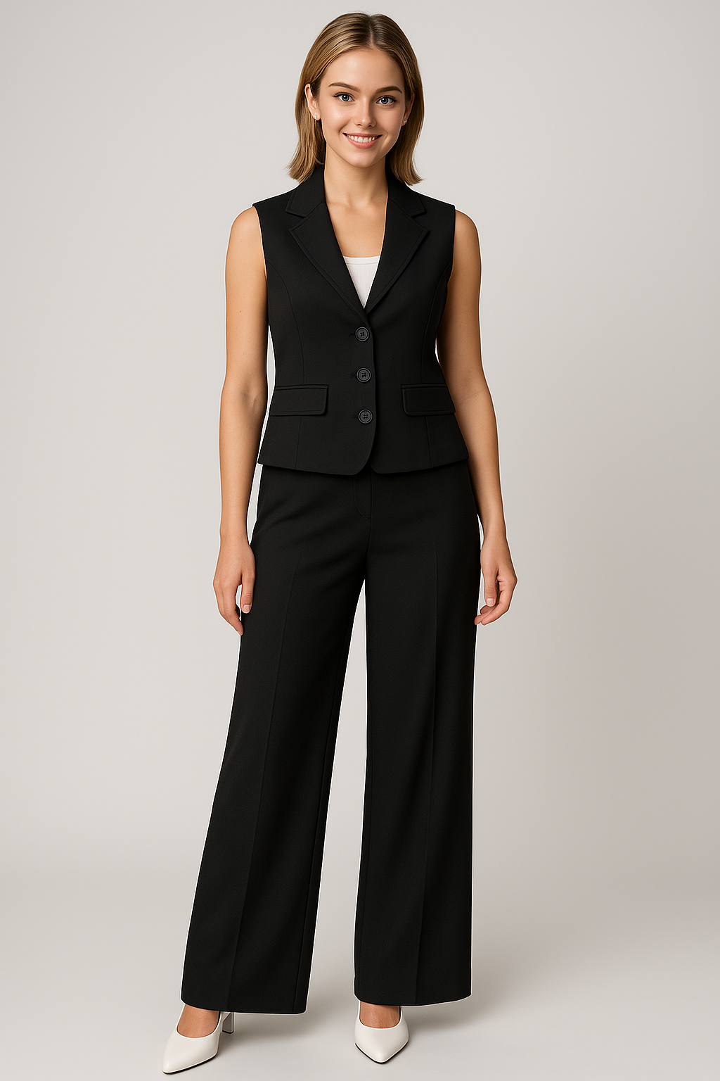 Dames set met mouwloos gilet en broek met wijde pijpen