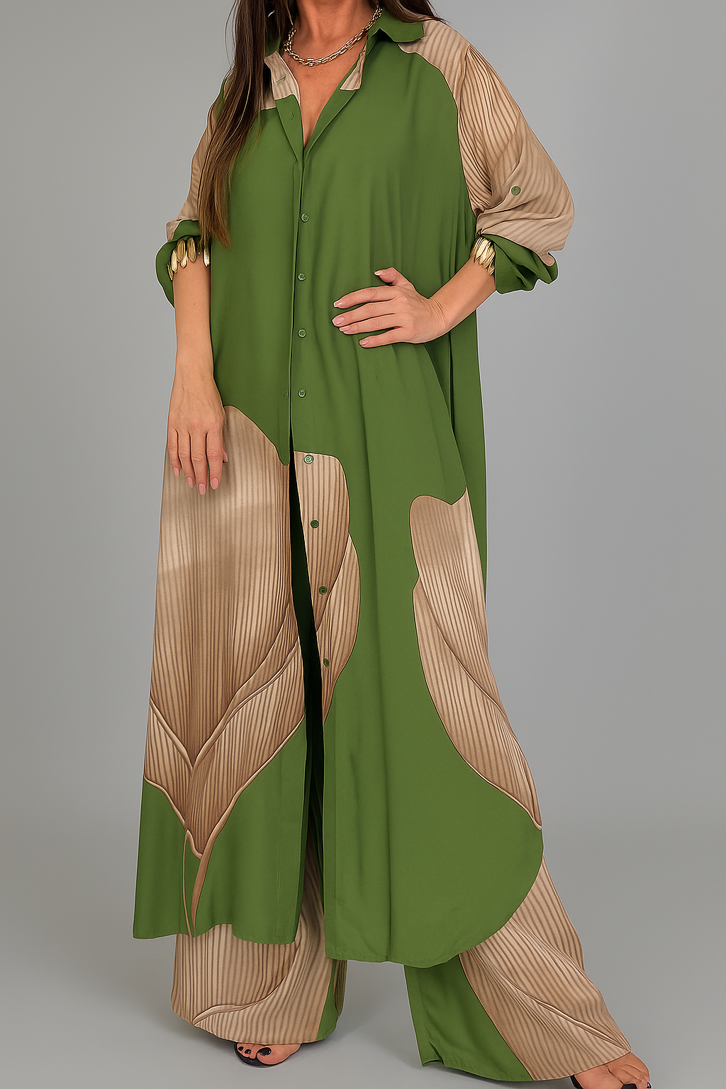 Outfit Sets : Elegante Dames Set met Casual Overhemd en Broek in Groen-kaki van Pantinoshop