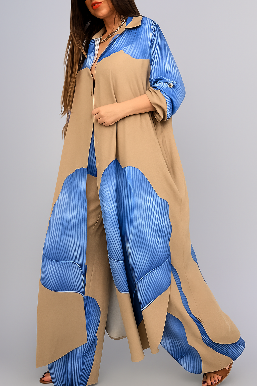 Outfit Sets : Elegante Dames Set met Casual Overhemd en Broek in Blu-kaki van Pantinoshop
