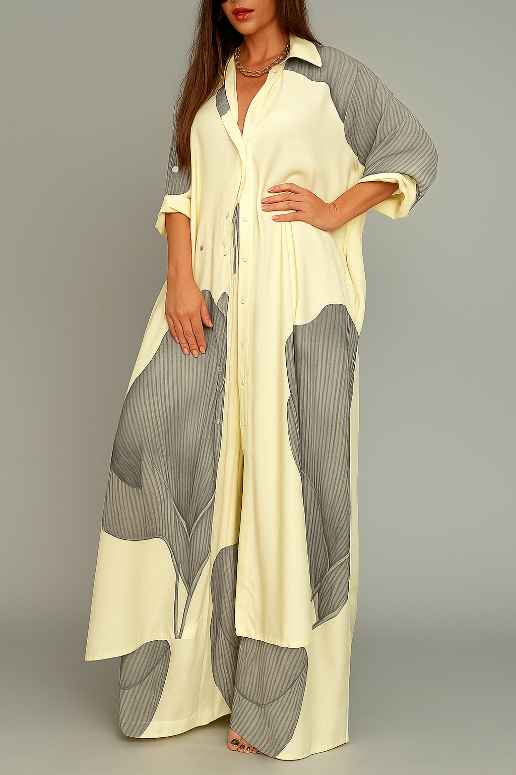Outfit Sets : Elegante Dames Set met Casual Overhemd en Broek in Abrikoos-Blauw van Pantinoshop