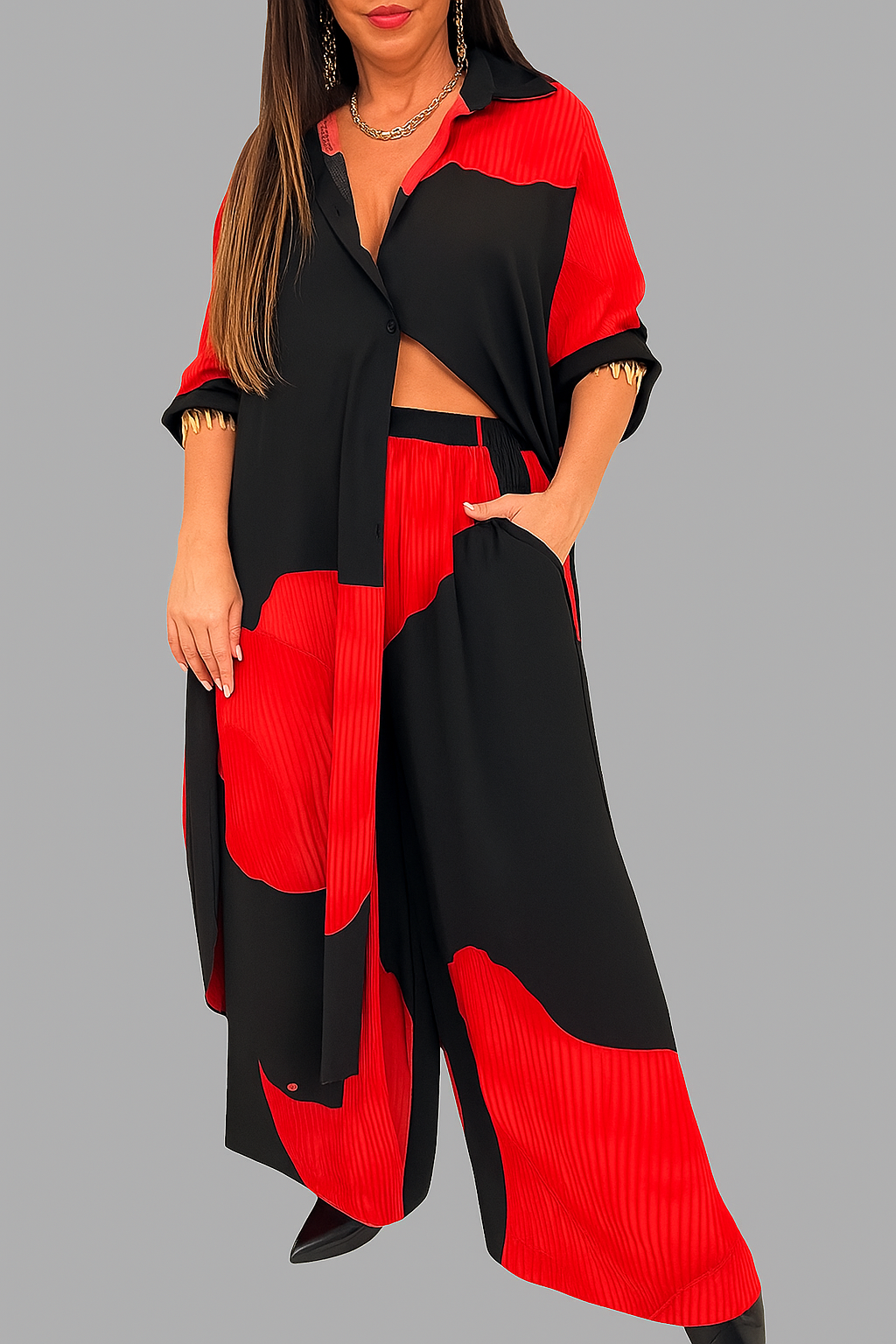 Outfit Sets : Elegante Dames Set met Casual Overhemd en Broek in Rosso-Nero van Pantinoshop