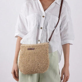 bags : Handgeweven Schoudertas Dames Khaki - Leren Band Bohemian - Stro in van Pantino