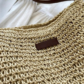bags : Handgeweven Schoudertas Dames Khaki - Leren Band Bohemian - Stro in van Pantino