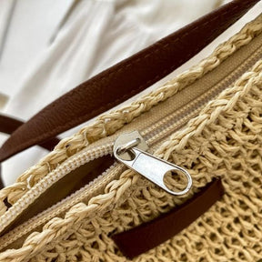 bags : Handgeweven Schoudertas Dames Khaki - Leren Band Bohemian - Stro in van Pantino
